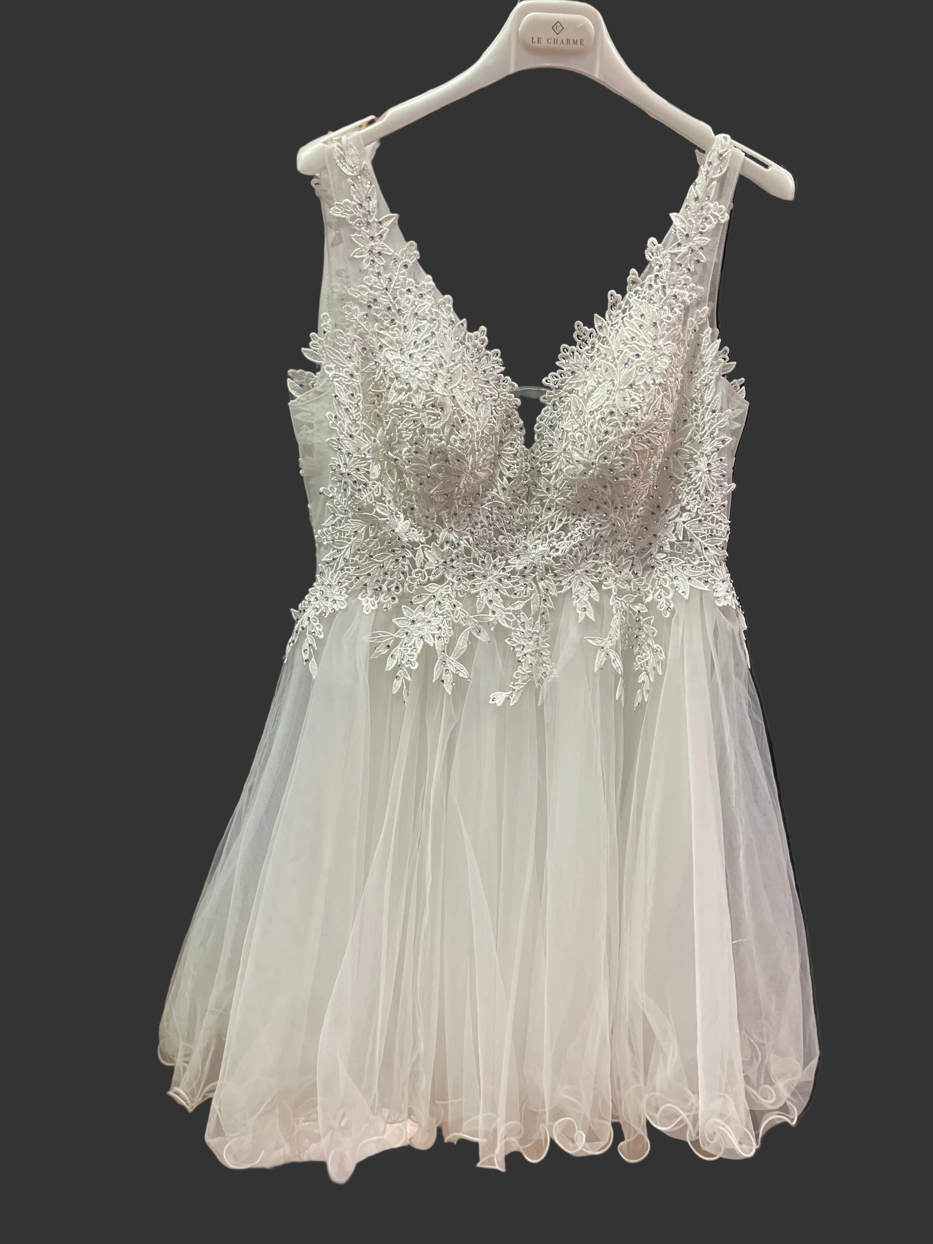 Abito corto bianco in Abito in Tulle Corto con Pizzo e Strass – Vestito Elegante da Cerimonia e Festa