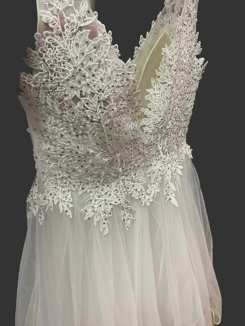 Abito corto bianco in Abito in Tulle Corto con Pizzo e Strass – Vestito Elegante da Cerimonia e Festa