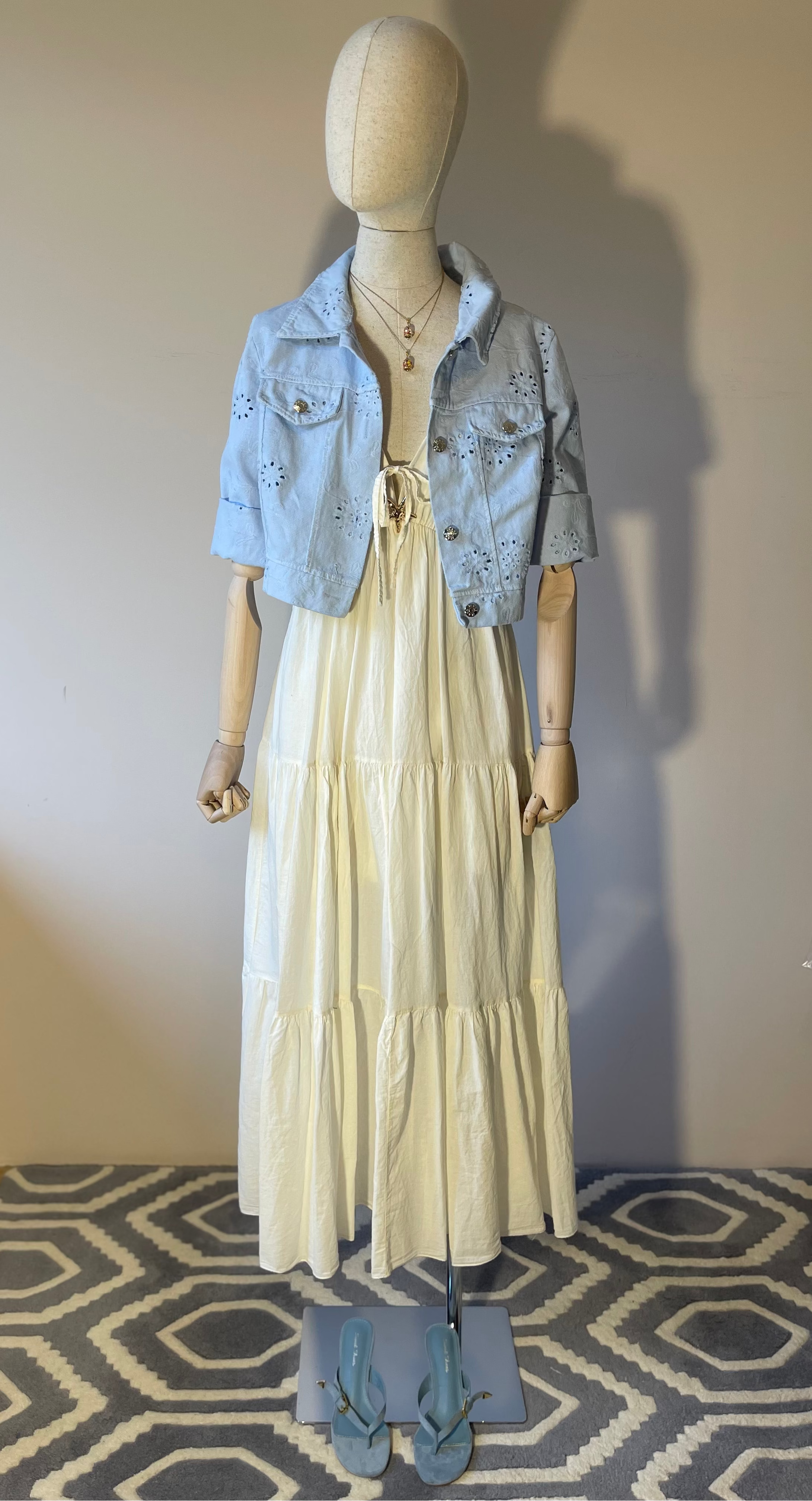 Giubbotto Corto in Denim Effetto Macramè