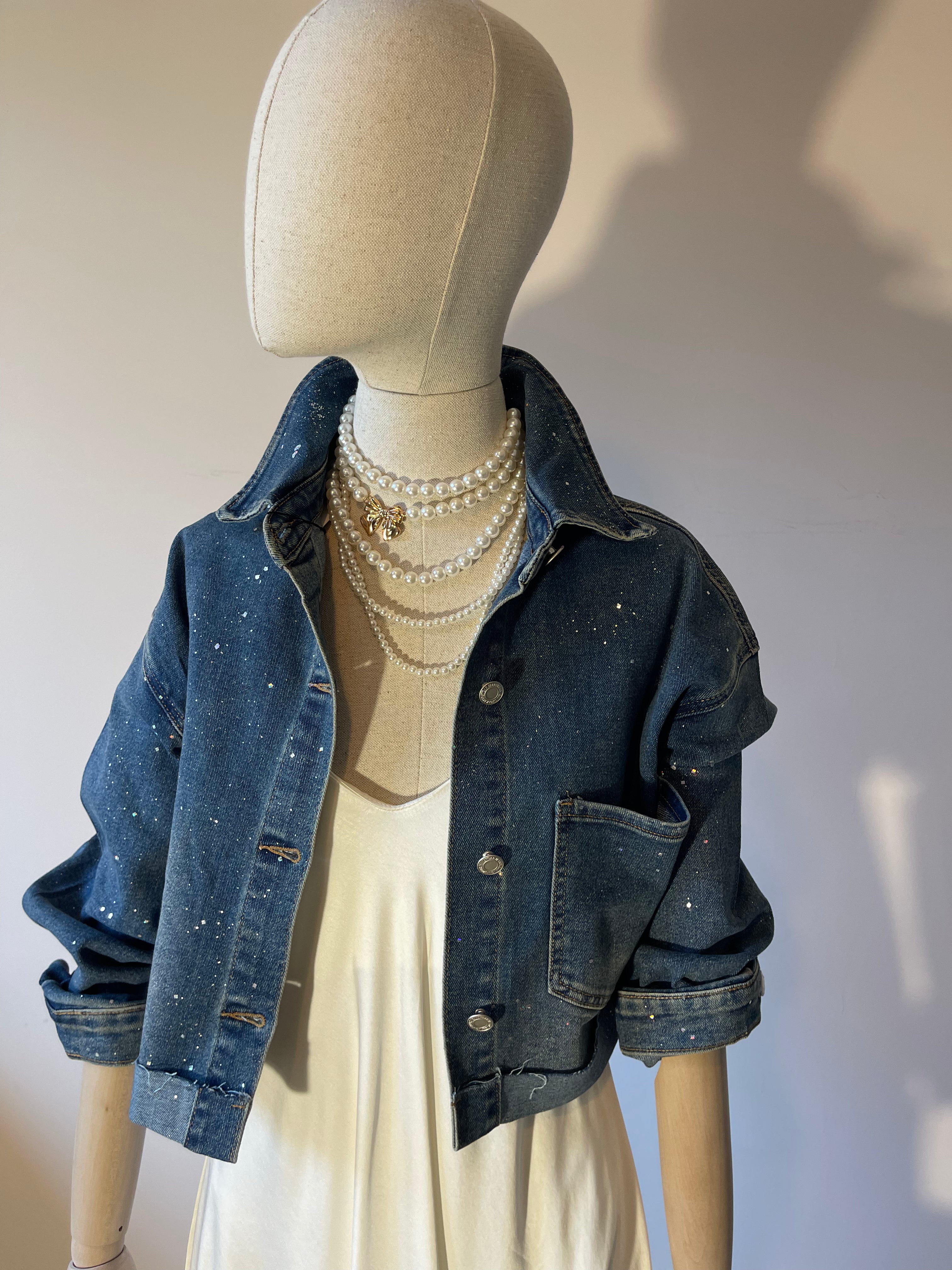 Giubbotto Corto in Denim Effetto Luccicante