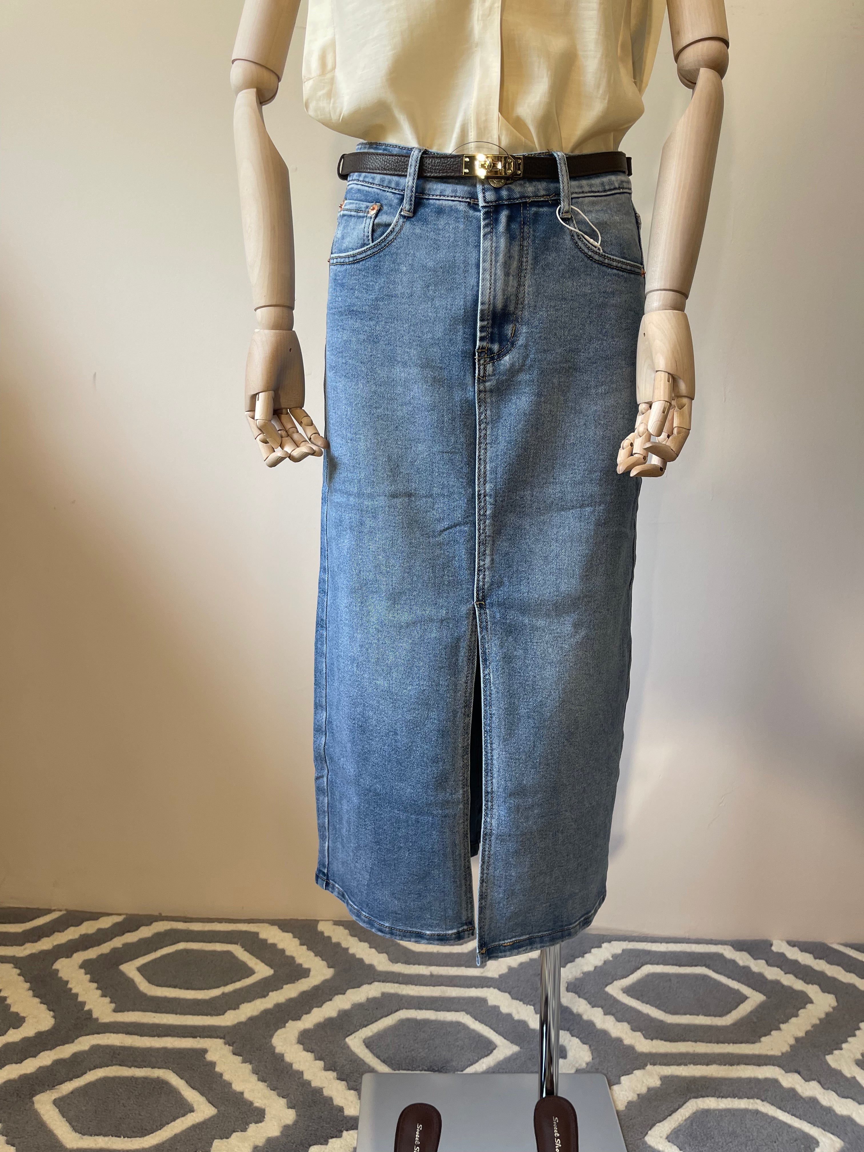 Gonna in Denim Midi 5 Tasche con Spacco Frontale