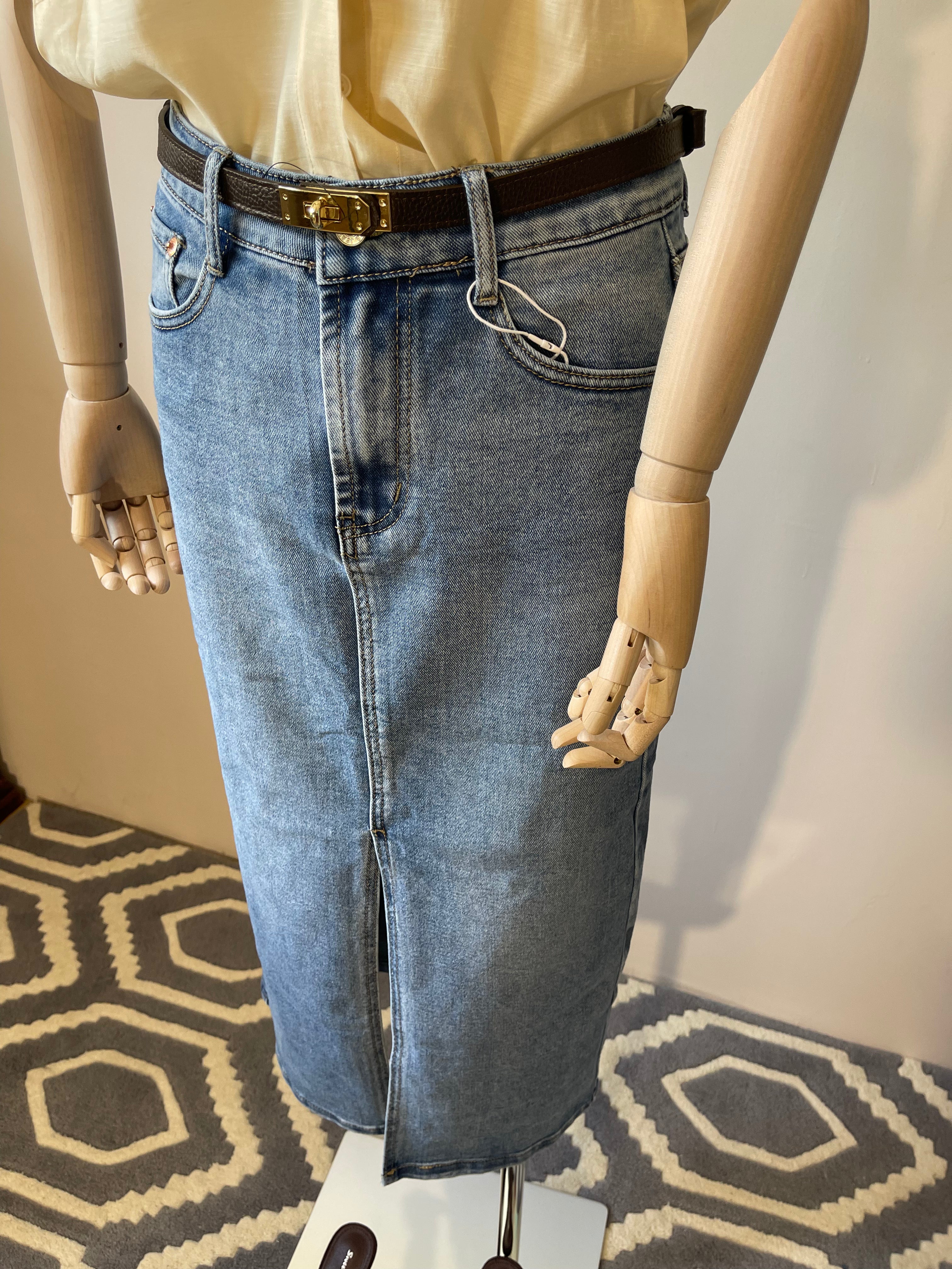 Gonna in Denim Midi 5 Tasche con Spacco Frontale