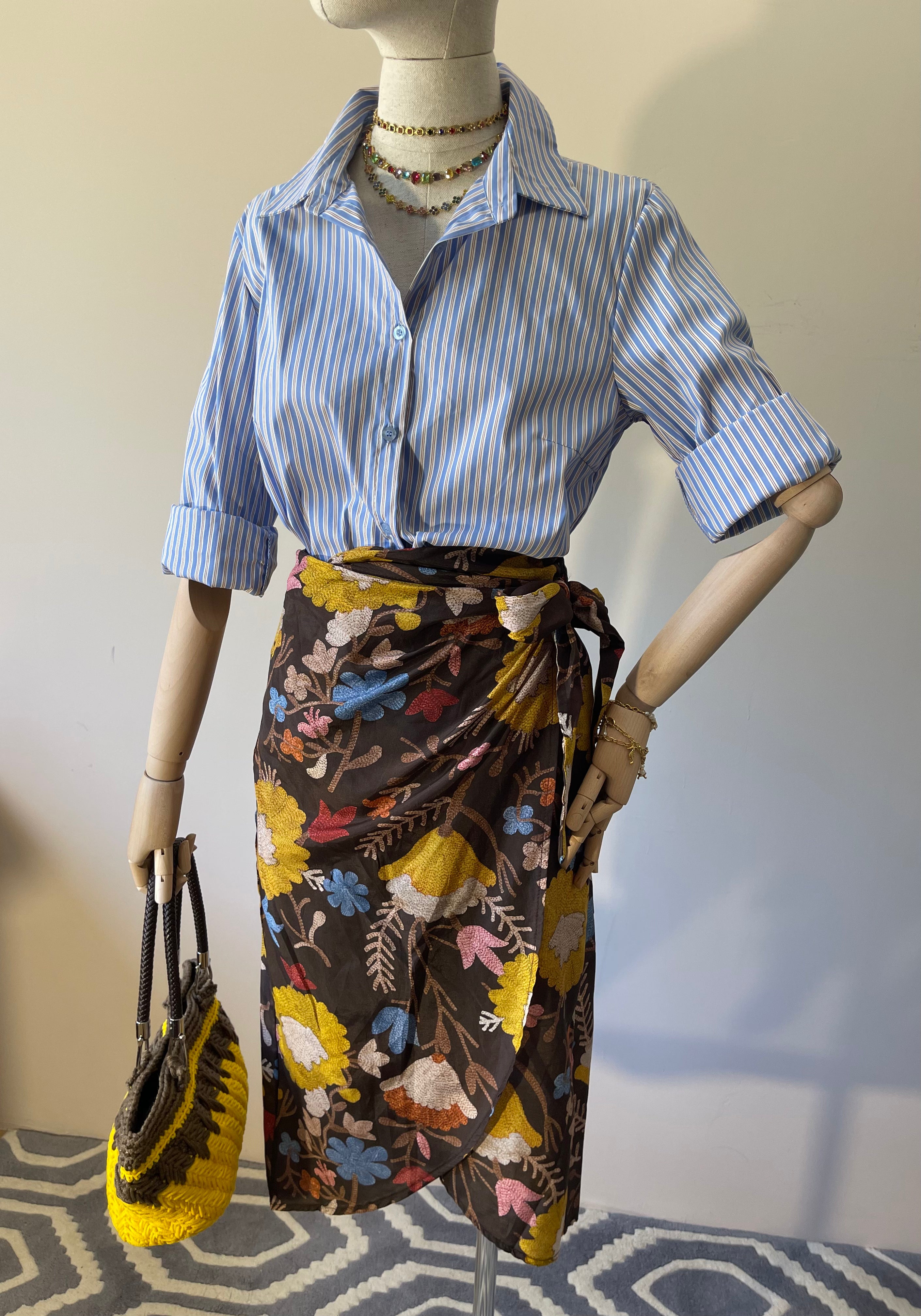 Camicia in Cotone Gessato Celeste e Marrone Manica Lunga con Polsini