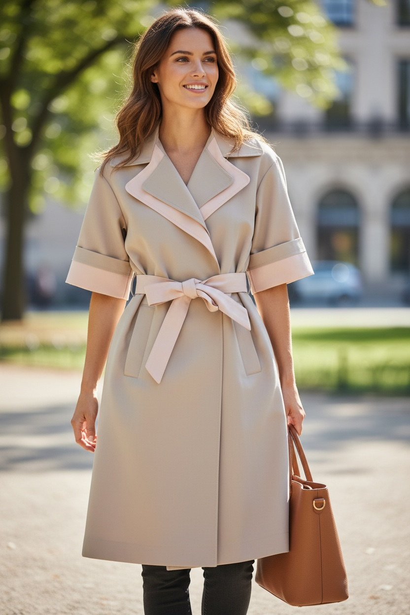 Trench Sfoderato Beige con Rever e Manica Rosa – Eleganza Moderna da Mezza Stagione