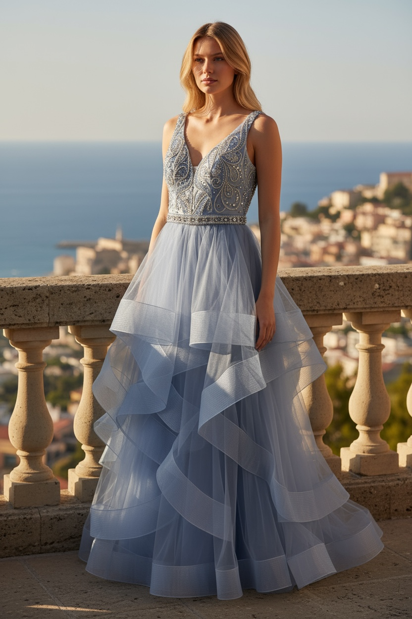 Abito Lungo con Balze e Corsetto Strassato – Eleganza Scenografica da Cerimonia