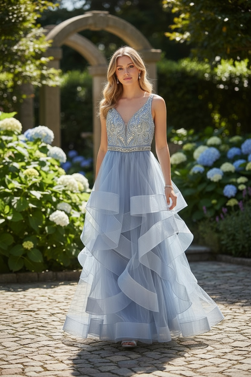 Abito Lungo con Balze e Corsetto Strassato – Eleganza Scenografica da Cerimonia