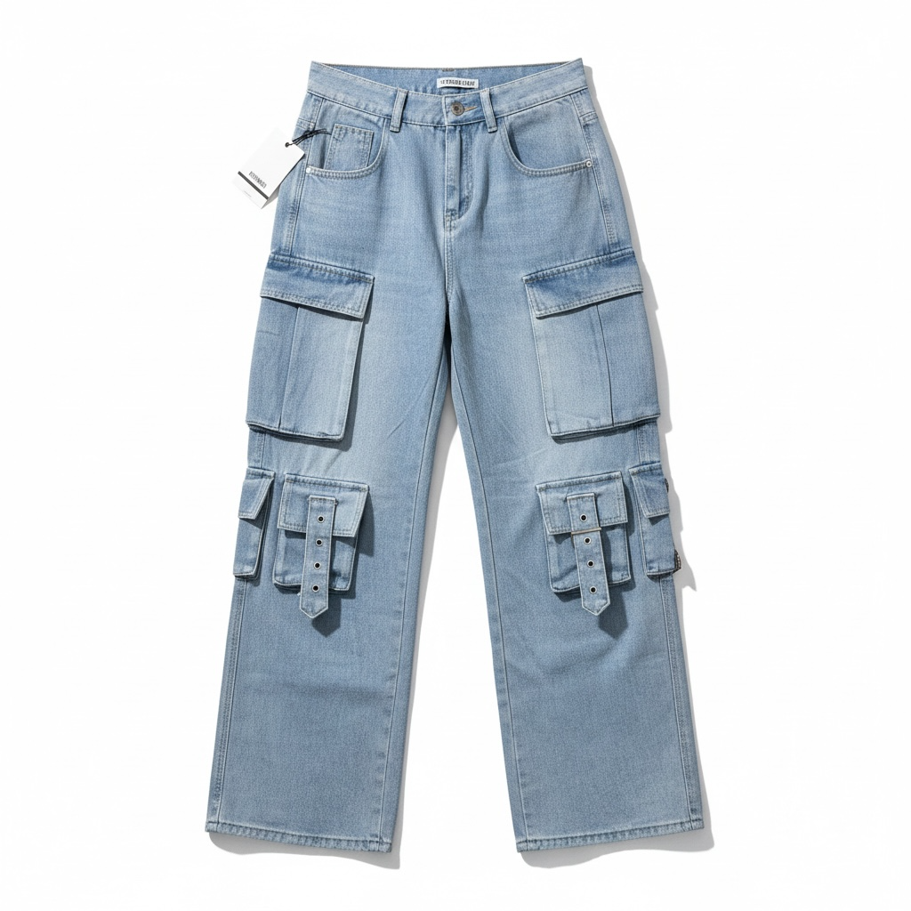 Jeans Cargo con Tasconi Laterali e Gamba Palazzo – Denim Donna Trendy e Versatile